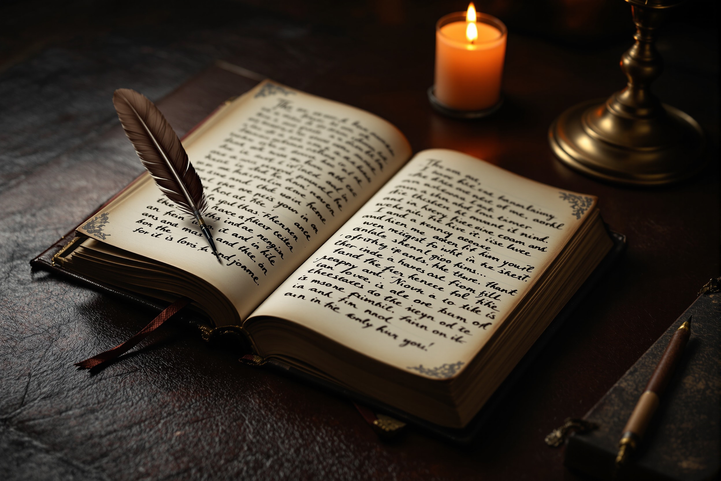 An open antique journal with a quill and inkwell on a dark leather desk